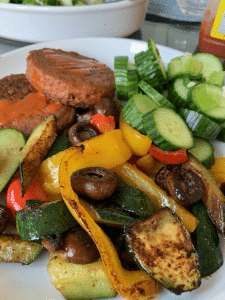 Beyond Meat burgers with mushrooms and vegetables